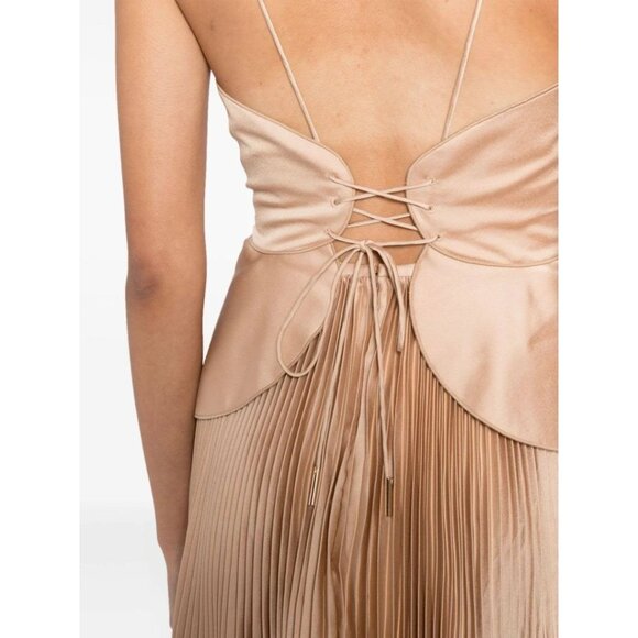 NWT Acler Willcocks Mini Dress Size 4 Tan Spaghetti Strap Pleated Lace-Up Back - Picture 7 of 13